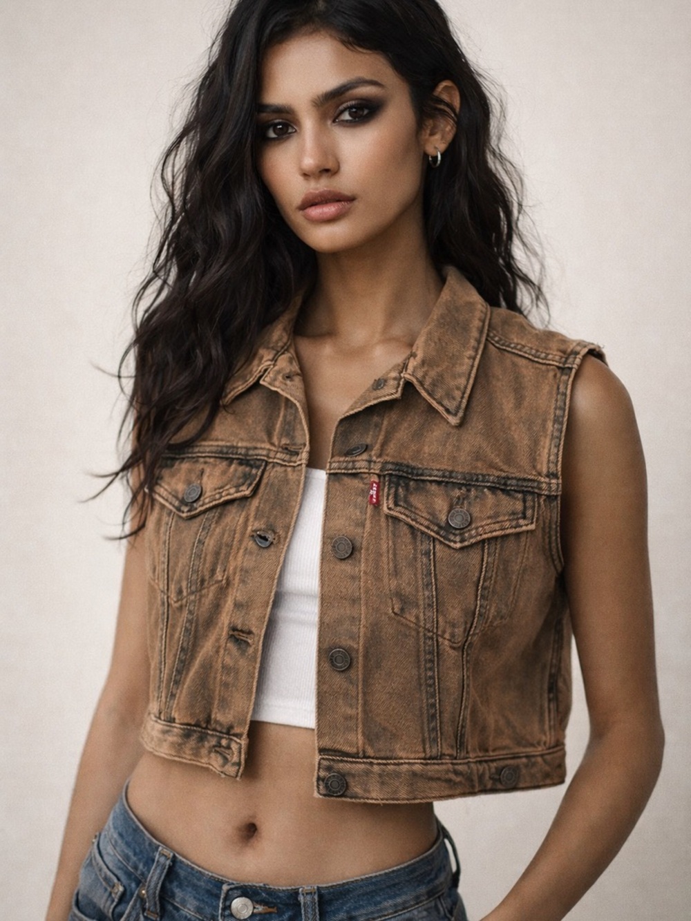 Levi’s Cropped Denim Vest Brown Acid Wash Trucker Style Size L NWT $69.50 MSRP